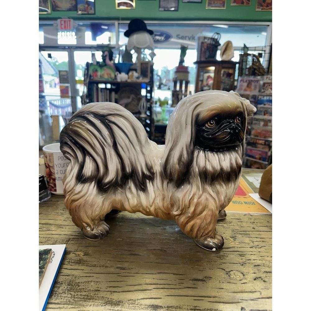 Large Vtg Ceramic Pekingese w/Bow Figurine Statue Dog Lover Cute 14"x10"